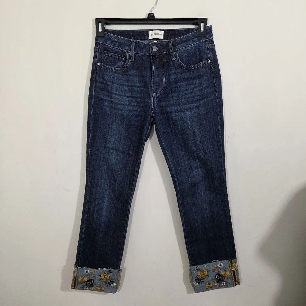Driftwood Colette Jeans Embroidered Cuff Straight Crop Floral Boho Size 26 - Picture 2 of 9